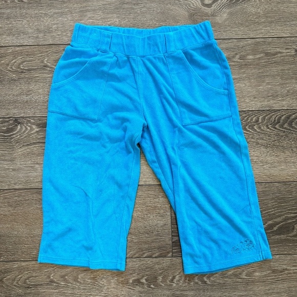 Aqua funky bright blue Terry cropped pants SZ M beach lounge - Picture 1 of 6